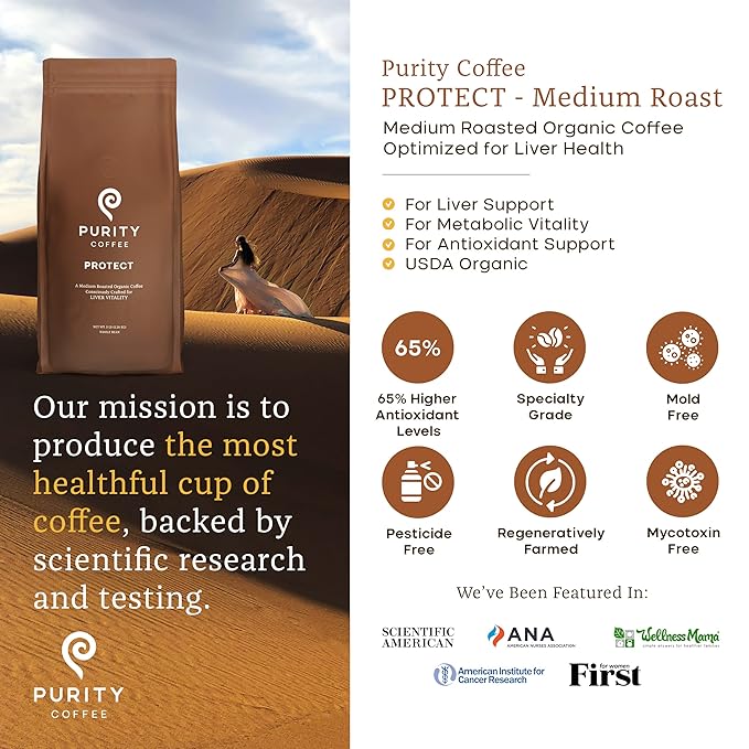 Purity Coffee PROTECT Highest Antioxidant Light-Medium Roast - USDA Certified Organic Specialty Grade Arabica Whole Bean Coffee - Third Party Tested for Mold, Mycotoxins, Pesticides - 5 lb Bag