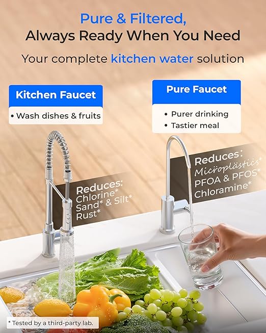Waterdrop DLG-P Under Sink Water Filter System, 2-Outlet Filter, Reduces PFOA/PFOS Chlorine Chloramine Fluoride Odor, 2 Stage Under Sink Water Filtration System with Dedicated Faucet, Life Indicator