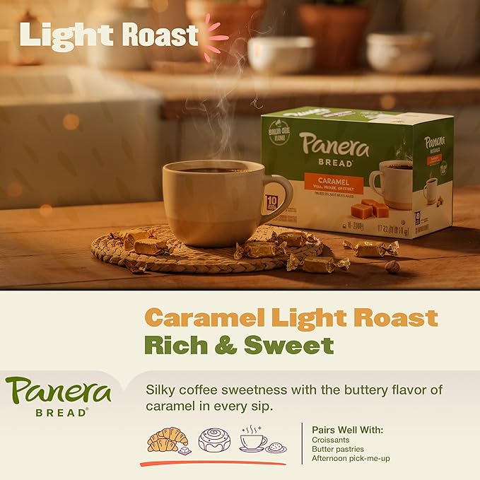 Panera Caramel Coffee Pods, Light Roast Cups, Keurig Compatible, Natural Caramel Flavor, 100% Arabica, Kosher, No Artificial Ingredients 60 Single Serve Pods (6 Packs of 10)
