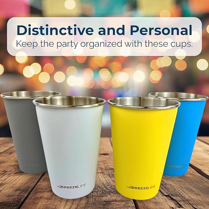 Breeze Life Stainless Steel Metal Cup Drinking Tumblers, Stackable, Shatterproof, Great for Camping, Outdoor Picnic, Festivals, BBQ Tailgating, 4-Pack, Blue, Gray, Yellow, White.