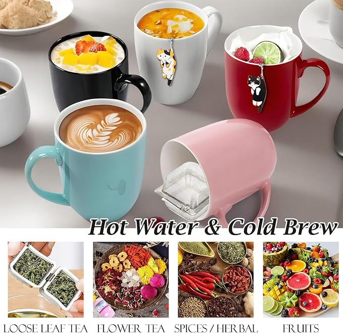 Cat Tea Infuser Set, 2 PCS Cubic Tea Diffusers for Loose Tea, Stainless Steel Tea Ball with Cute Charm Pendant, Reusable Tea Steeper for Tea Extraction and Cold Brewing, Black & Orange Cat