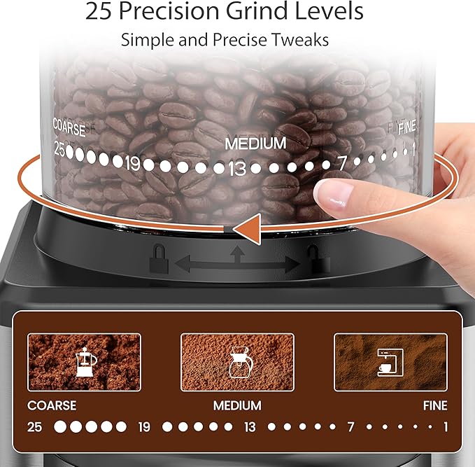 Conical Burr Coffee Grinder for Home,25 Precise Grind Settings,60-Second Timer,Easy to Clean Stainless Steel Burrs,Anti-Static & Anti-Slip Base