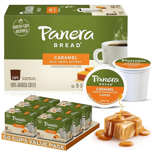 Panera Caramel Coffee Pods, Light Roast Cups, Keurig Compatible, Natural Caramel Flavor, 100% Arabica, Kosher, No Artificial Ingredients 60 Single Serve Pods (6 Packs of 10)