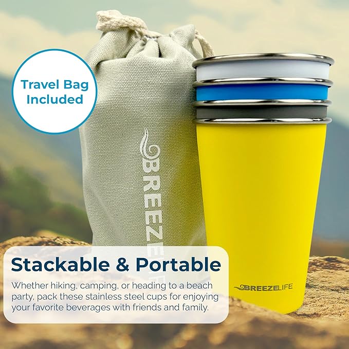 Breeze Life Stainless Steel Metal Cup Drinking Tumblers, Stackable, Shatterproof, Great for Camping, Outdoor Picnic, Festivals, BBQ Tailgating, 4-Pack, Blue, Gray, Yellow, White.
