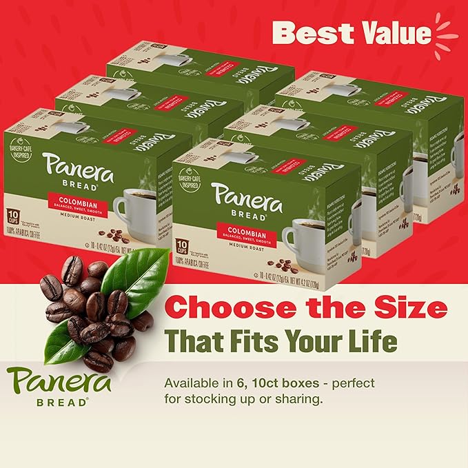 Panera Bread Colombian Coffee Cups, 100% Arabica Medium Roast, Smooth & Balanced with Brown Sugar Notes, No Artificial Ingredients, 60 Single Serve Pods (6 Packs of 10)