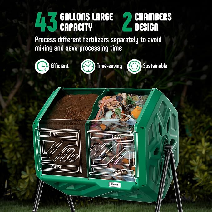 43 Gallon Compost Bin with Gloves, Fast Assembly & Easy Setup Outdoor Compost Tumbler, Updated Dual Chamber Tumbling Composter for Garden, Kitchen, and Yard Waste, Green