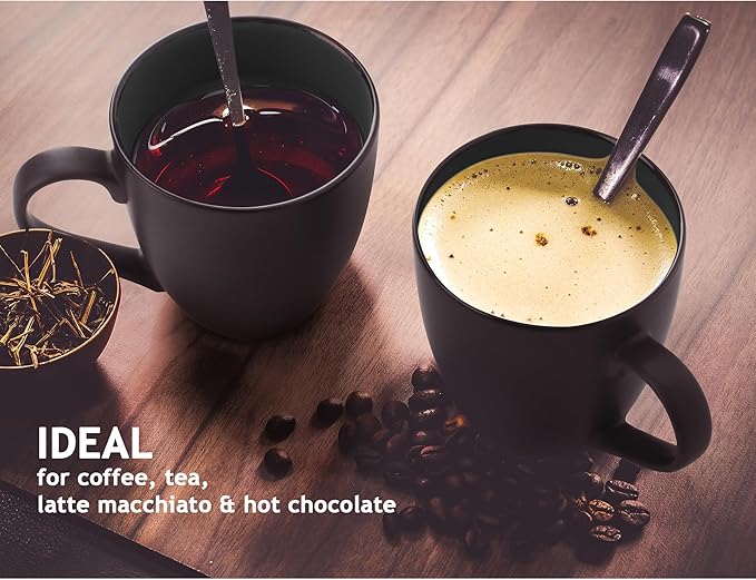 MIAMIO - Set of 6 Stoneware Coffee Mugs 12 Ounce/Cup Set - Le Papillon Collection (Black)