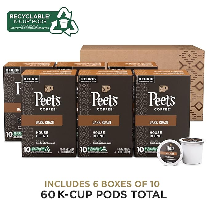 Peet's Coffee, Dark Roast Keurig K-Cup Pods - House Blend 60 Count (6 Boxes of 10 K-Cup Pods)