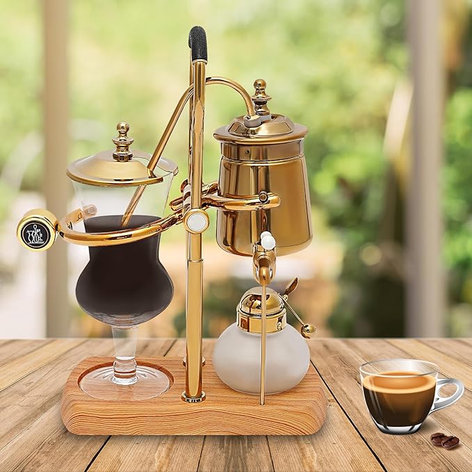 Belgian/Belgium Family Balance Siphon/Syphon Coffee Maker, Elegant Double Ridged Fulcrum with Tee handle (Classic Gold,400ml/13.53oz)