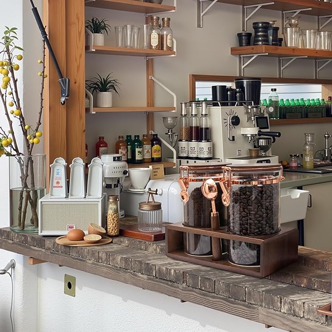 Glass Coffee Container with Wooden Shelf, 2 x 40 FLOZ Coffee Bean Storage with Sealed Closure Clips and Copper Spoon, Kitchen Large Capacity Food Storage Jar, Ground Coffee Container