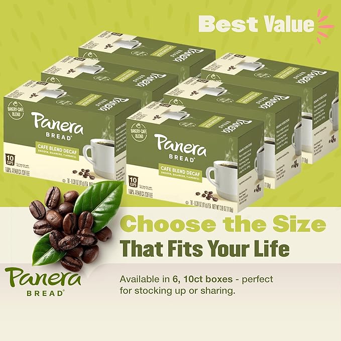 Panera Cafe Blend Decaf Coffee Pods, Medium Roast Cups - 100% Arabica, Smooth & Balanced with Caramel Notes, Sustainably Sourced, No Bitterness 60 Single Serve Pods (6 Packs of 10)