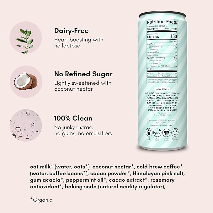 Pop & Bottle Oat Milk Lattes- Cold Brew, Cold Brew Coffee Cans, Canned Coffee, Iced Coffee, Organic, Dairy Free, Gluten Free, Lightly Sweetened with Coconut Nectar- Peppermint Mocha, 8 Fl Oz (12 Pack)