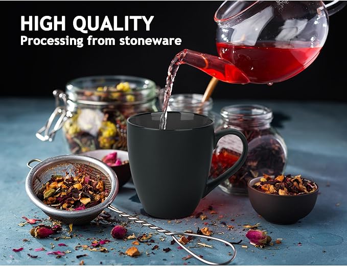 MIAMIO - Set of 6 Stoneware Coffee Mugs 12 Ounce/Cup Set - Le Papillon Collection (Black)