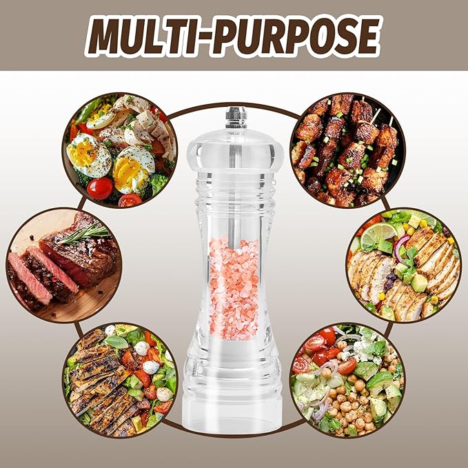 Clear Acrylic Pepper Grinder Mill, Salt and Pepper Shaker Salt Grinder Pepper Mill, Refillable with Adjustable Coarseness Ceramic Rotor (4.5 inch-2 Pcs)