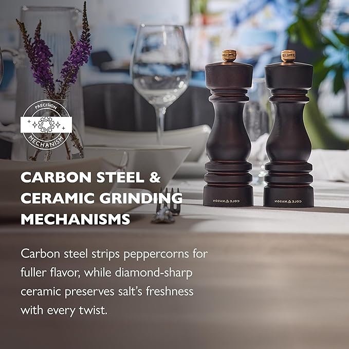 Cole & Mason London Refillable Spice Mill - Kitchen & Home Accessory - Salt & Pepper Grinder Set - Salt Mill with Ceramic Mechanism - Pepper Mill with Carbon Steel Mechanism - 7", Chocolate Wood