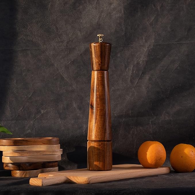 Pepper Grinder, Pepper Mill with Adjustable Stainless Steel, Acacia Wood, 32 cm / 12 inch Height, Bottom Dia: 6 cm, Upper Dia: 5.5 cm (Tray is NOT Included)