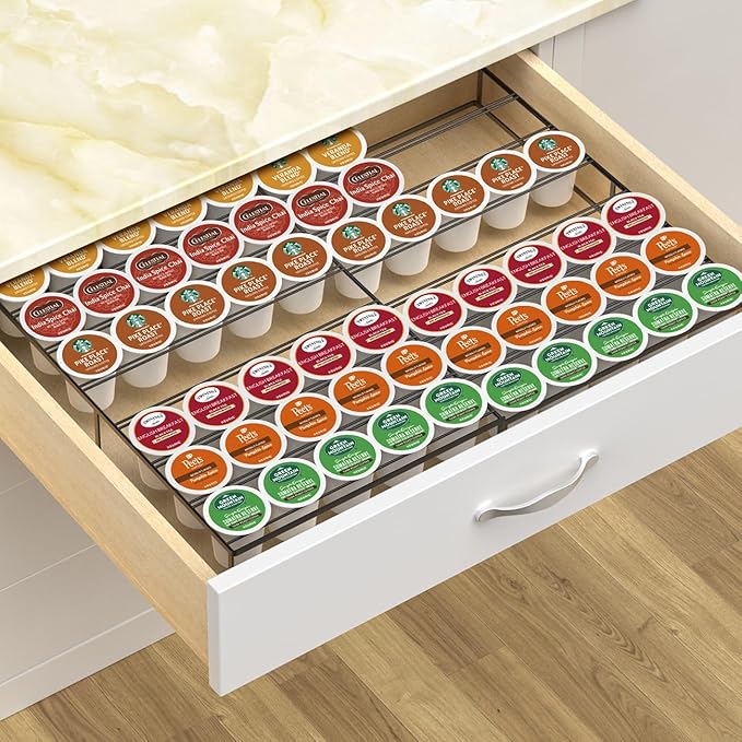 Coffee Pod Holder Drawer, Expandable K Cup Holder Compatible with Keurig K-Cup, K Cup Drawer Organizer Hold 30-60 Coffee Pod Storage for Coffee Station Office and Kitchen, Black