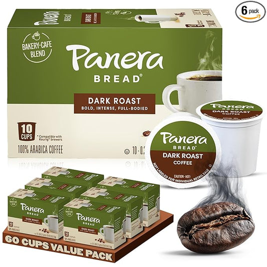 Panera Bread Dark Roast Coffee Pods, 100% Arabica Keurig Compatible, Bold & Smooth Dark Chocolate Finish, Kosher Certified, Recyclable Single Serve Cups, 60 Single Serve Pods (6 Packs of 10)
