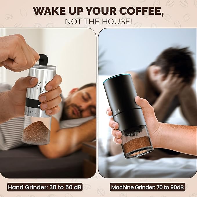 Manual Coffee Grinder – Hand Crank Burr Coffee Bean Grinder, 6 Grind Settings for Espresso, French Press & Pour Over – Quiet, Portable, Durable Stainless Steel Manual Grinder for Home & Travel