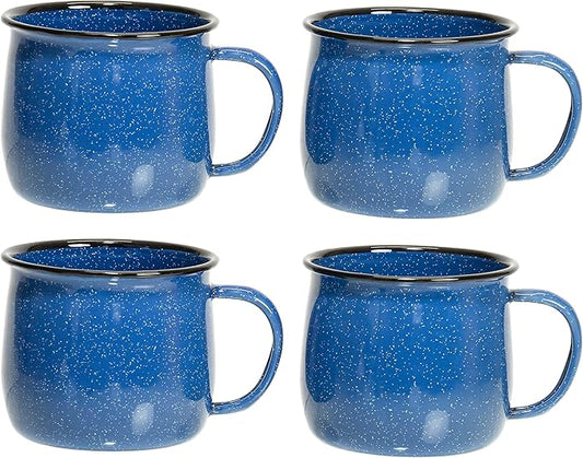 Red Co. Set of 4 Enamelware Metal 12 Oz Round Camping Coffee Mugs with Handle, White-Speckled Blue/Black Rim
