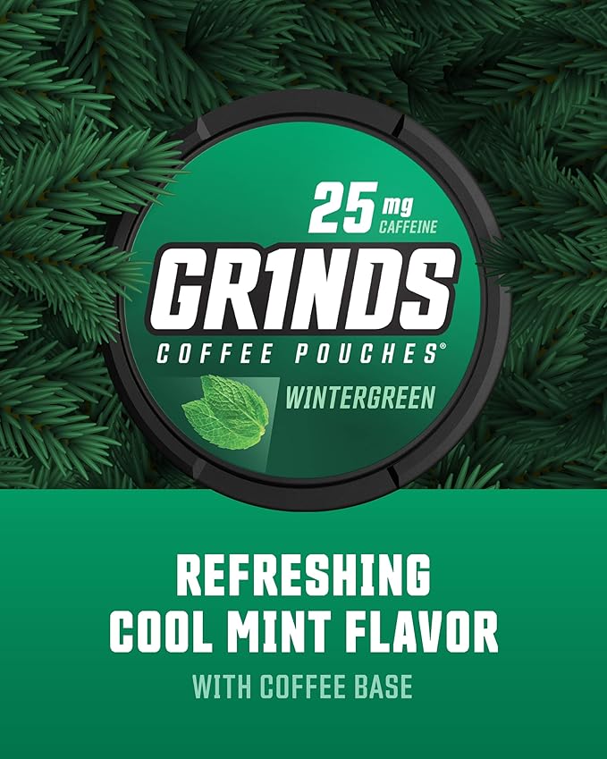 Grinds Coffee Pouches | Wintergreen Flavor | 6 Cans | Brew-Free Coffee Alternative | 18 Pouches Per Can