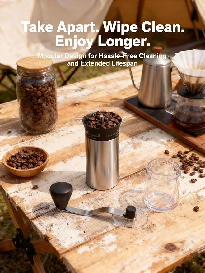 LAMIDO Mini Manual Coffee Grinder - 56 External Grind Settings, Stainless Steel Body & Crank, Ceramic Burr, Portable Hand Grinder for Travel, Camping, Home Brewing - Stainless Steel