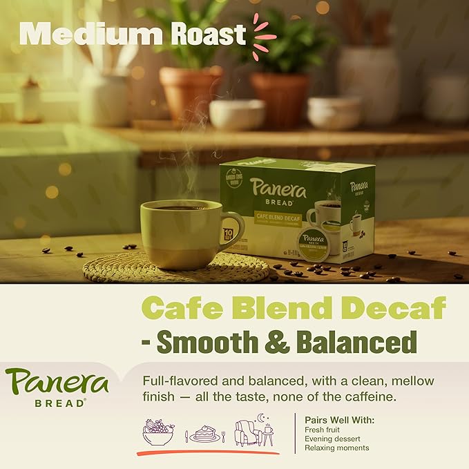Panera Cafe Blend Decaf Coffee Pods, Medium Roast Cups - 100% Arabica, Smooth & Balanced with Caramel Notes, Sustainably Sourced, No Bitterness 60 Single Serve Pods (6 Packs of 10)