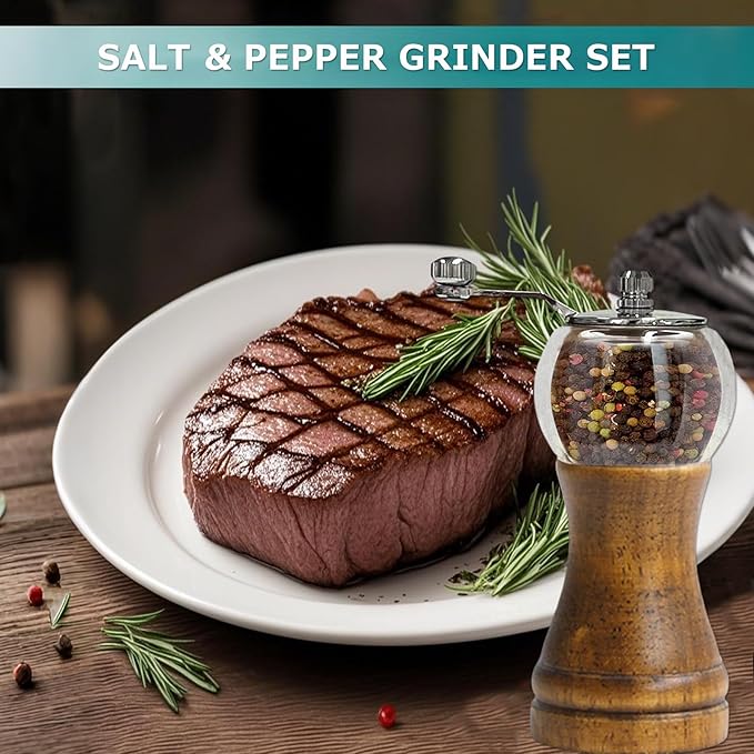 Pepper Grinder Set Classical Hand Shake Wood Manual Pepper Grinder, Setrefillable Wooden & Acrylic grinder,Ceramic Blades metal handle tools, Enjoy Fresh Ground Pepper Salts & spices 2PCS-6IN