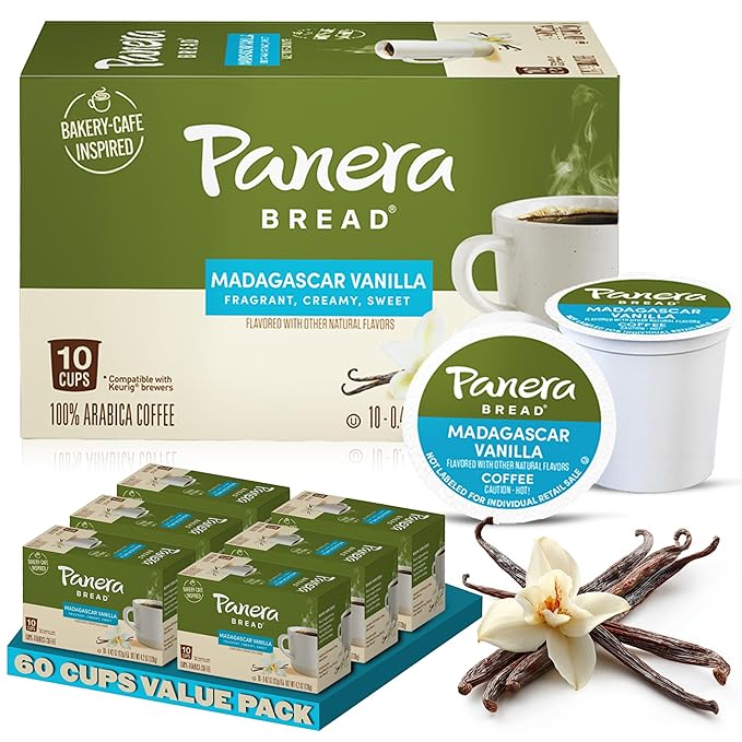 Panera Bread Madagascar Vanilla Light Roast Coffee Pods, 100% Arabica, Natural Flavor, Keurig Compatible Cups, No Artificial Ingredients, 60 Single Serve Pods (6 Packs of 10)