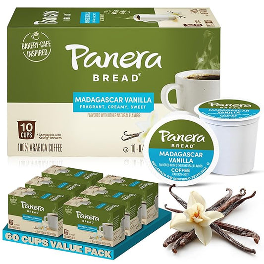 Panera Bread Madagascar Vanilla Light Roast Coffee Pods, 100% Arabica, Natural Flavor, Keurig Compatible Cups, No Artificial Ingredients, 60 Single Serve Pods (6 Packs of 10)