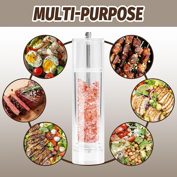 Acrylic Pepper Grinder Mill, Salt and Pepper Shaker Salt Grinder Pepper Mill, Refillable with Adjustable Coarseness Ceramic Rotor (6-inch)