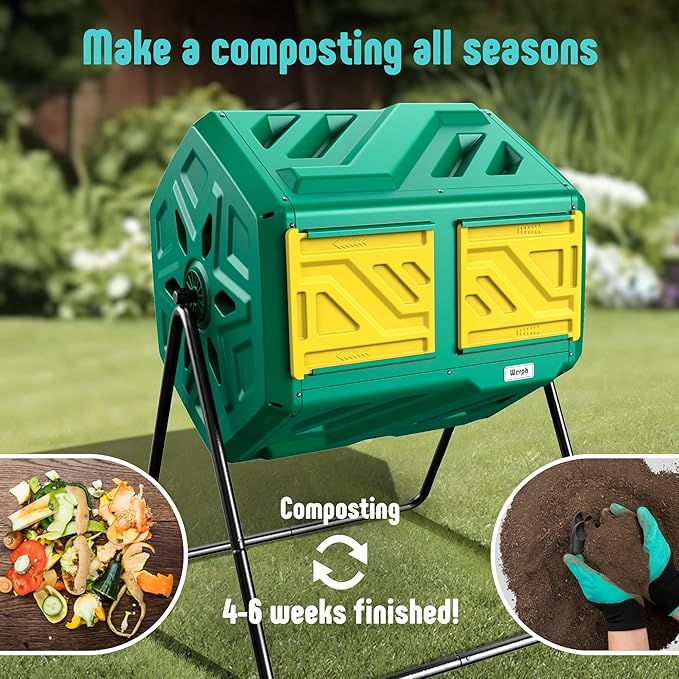 43 Gallon Compost Bin with Gloves, Fast Assembly & Easy Setup Outdoor Compost Tumbler, Updated Dual Chamber Tumbling Composter for Garden, Kitchen, and Yard Waste, Green