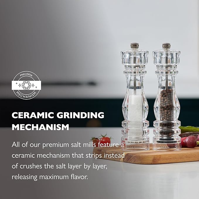 Cole & Mason London Refillable Spice Mill - Kitchen & Home Accessory - Salt & Pepper Grinder Set - Salt Mill with Ceramic Mechanism - Pepper Mill with Carbon Steel Mechanism - 8", Acrylic