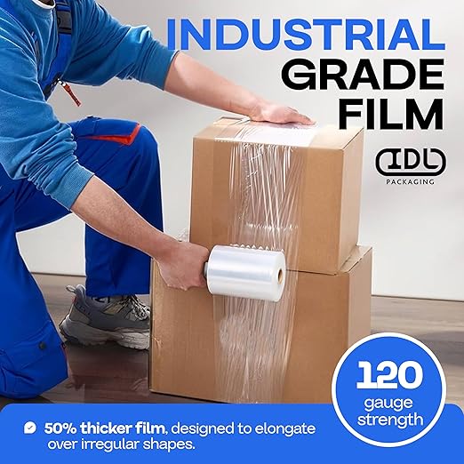 IDL Packaging 5" Stretch Wrap Mini Roll, 700 feet, 120 Gauge (Pack of 8) with an Extended Cardboard Handle - Industrial Grade Clear Plastic Wrap - Improved Protection for Packing, Moving, and Office