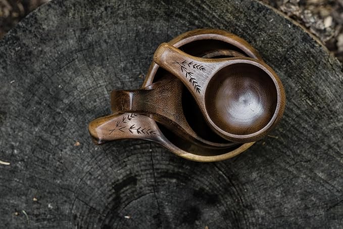 Barebones Kuksa Wooden Drinking Cup - Unique Acacia Mug with Nordic Style, Ergonomic Handle, Food-Safe Coating and Leather Cord - Versatile, Sustainable for Camping or Home (8 oz)
