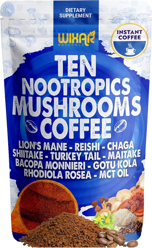 Wixar Nootropics Mushroom Coffee - Ten Superfood Extract Instant Coffee Powder with Lions Mane, Turkey Tail, Reishi, Chaga, Shiitake, Rhodiola Rosea, Gotu Kola, Bacopa - 5oz Mushrooms Supplement