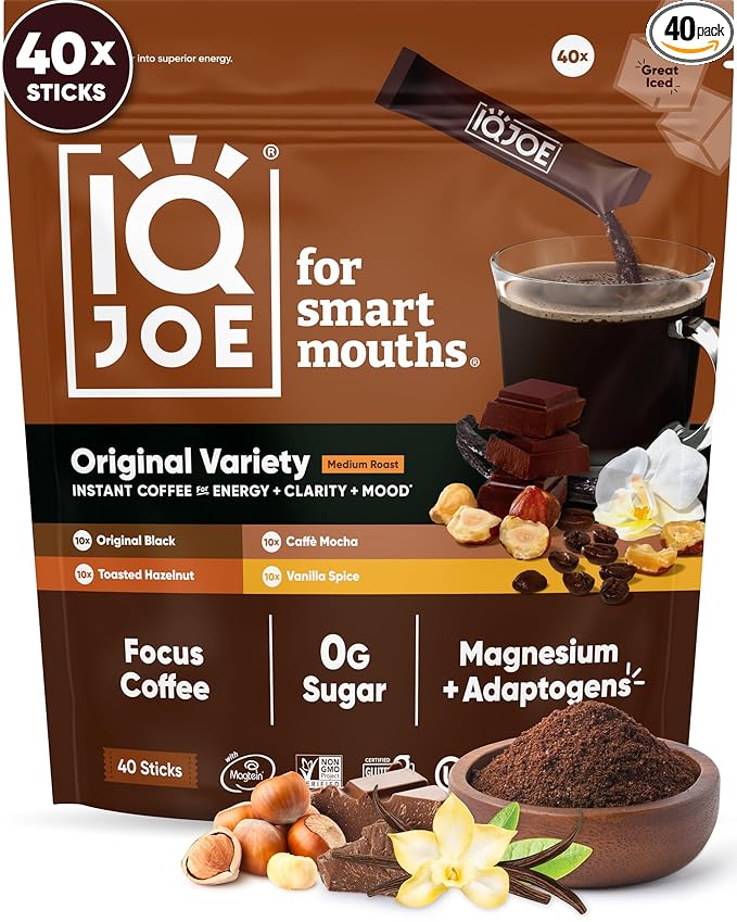 IQJOE Mushroom Coffee Packets (40 Servings) Lion’s Mane, Magtein Magnesium, Antioxidants, Adaptogens - Variety Pack - Instant Coffee for Focus, Clarity, Mood, Energy Boost - Sugar Free, Keto, Vegan