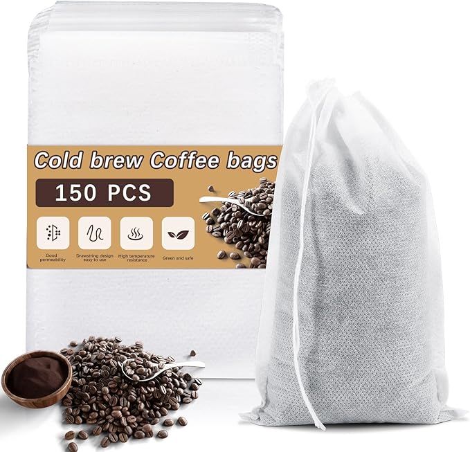 150 Pcs Cold Brew Bags 4x6 inch, No Mess Disposable Cold Brew Coffee Filter Pouches with Drawstring Large Empty Tea Bag for Loose Leaf Tea, Iced Coffee, Herbs, Spice, Home brewing, Hot pot