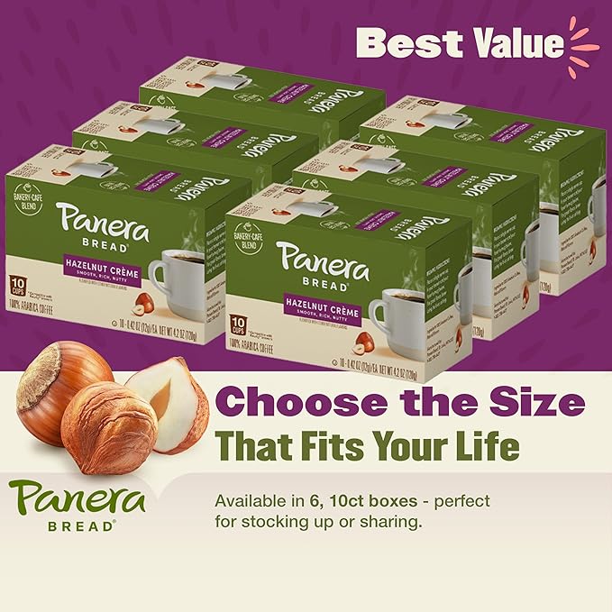 Panera Bread Hazelnut Crème Light Roast Coffee - Cafe-Quality Cup Pods, Smooth Buttery Flavor, 100% Arabica, No Artificial Ingredients, 60 Single Serve Pods (6 Packs of 10)