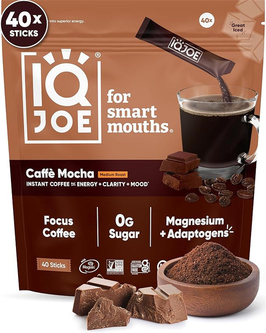 IQJOE Mushroom Coffee Packets (40 Servings) Lion’s Mane, Magtein Magnesium, Antioxidants, Adaptogens - Caffe Mocha - Instant Coffee for Focus, Clarity, Mood, Energy Boost - Sugar Free, Keto, Vegan