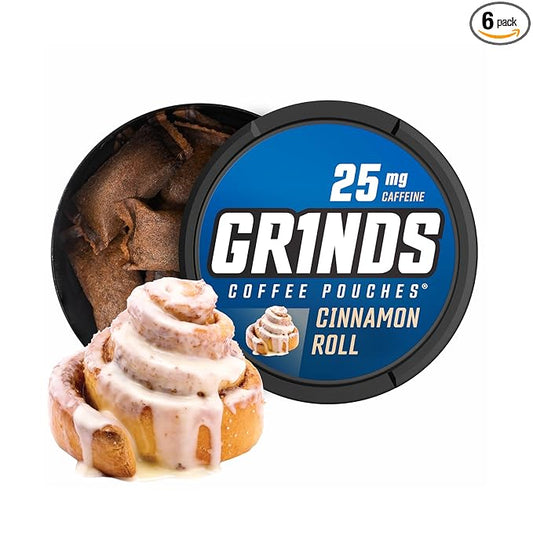 Grinds Coffee Pouches | Cinnamon Roll Flavor | 6 Cans | Brew-Free Coffee Alternative | 18 Pouches Per Can