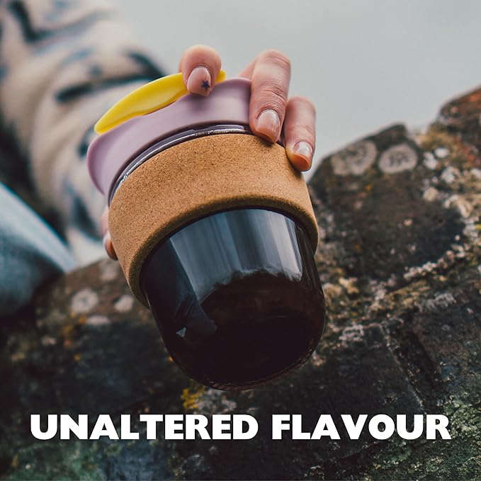 Reusable Strengthened Glass Travel Cup - Spill Proof Insulated Coffee Mug - 12oz/340ml BPA-Free Hot Drink Travel Mug with Lid & Cork Band (Gray and Blue)