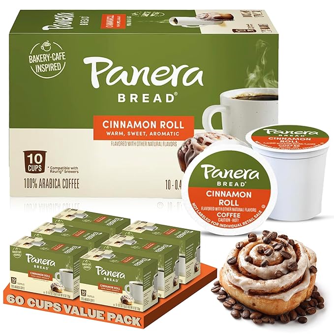 Panera Bread Cinnamon Roll Coffee Cups - Medium Roast Single Serve Pods, 100% Arabica, No Artificial Flavors, Bakery-Cafe Inspired, Keurig Compatible, 60 Single Serve Pods (6 Packs of 10)