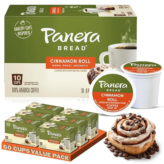 Panera Bread Cinnamon Roll Coffee Cups - Medium Roast Single Serve Pods, 100% Arabica, No Artificial Flavors, Bakery-Cafe Inspired, Keurig Compatible, 60 Single Serve Pods (6 Packs of 10)