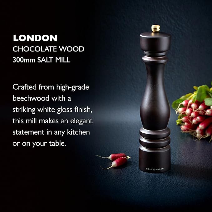 Cole & Mason London Refillable Spice Mill - Kitchen & Home Accessory - Table Salt Grinder - Salt Mill with Ceramic Mechanism - 11", Chocolate Wood