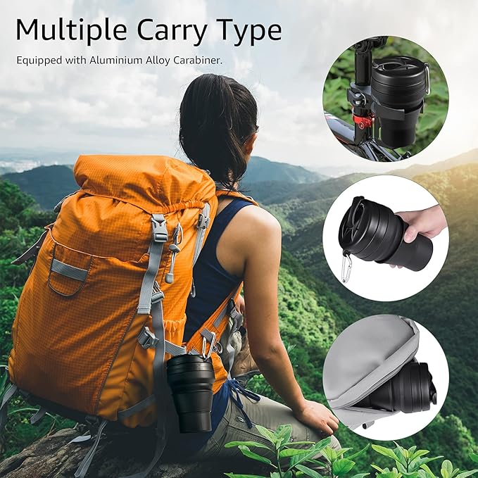 Collapsible Coffee Cup, 16 OZ 480ml Silicone Travel Folding Cup, Leak Proof BPA Free Portable Cup, Travel mug with Lids for Camping hiking (16OZ)