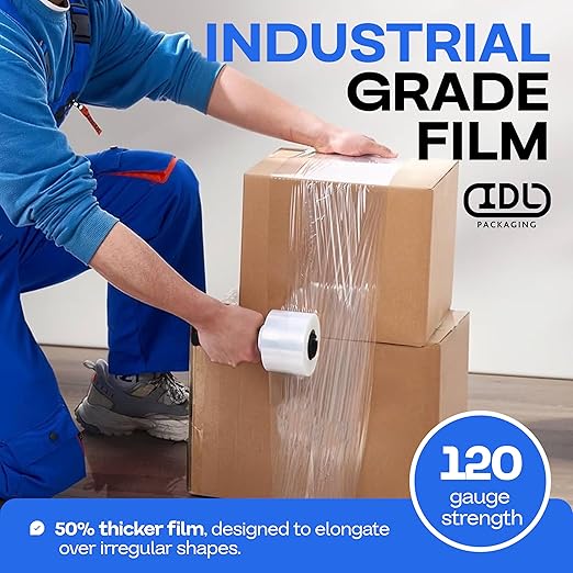IDL Packaging 3" Stretch Wrap Mini Roll, 700 feet, 120 Gauge (Pack of 12) with a Plastic Handle Included – Industrial Grade Clear Plastic Wrap – Improved Protection for Packing, Moving, or Office