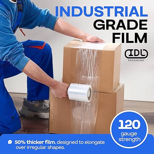 IDL Packaging 5" Stretch Wrap Mini Roll, 700 feet, 120 Gauge (Pack of 4) with a Plastic Handle Included – Industrial Grade Clear Plastic Wrap – Improved Protection for Packing, Moving, or Office