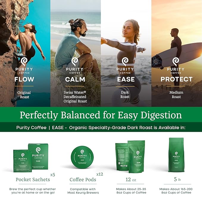 Purity Coffee EASE Dark Roast Low Acid Organic Coffee - USDA Certified Organic Specialty Grade Arabica Whole Bean Coffee - Third Party Tested for Mold, Mycotoxins and Pesticides - 5 lb Bag