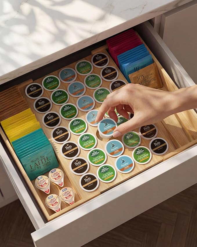 Larger Expandable Bamboo Coffee Pod Holder for Counter Drawer Display, 35 Pod Capacity, K-Cup Pods - Tea Bags Storage Organizer Holder (Bamboo)